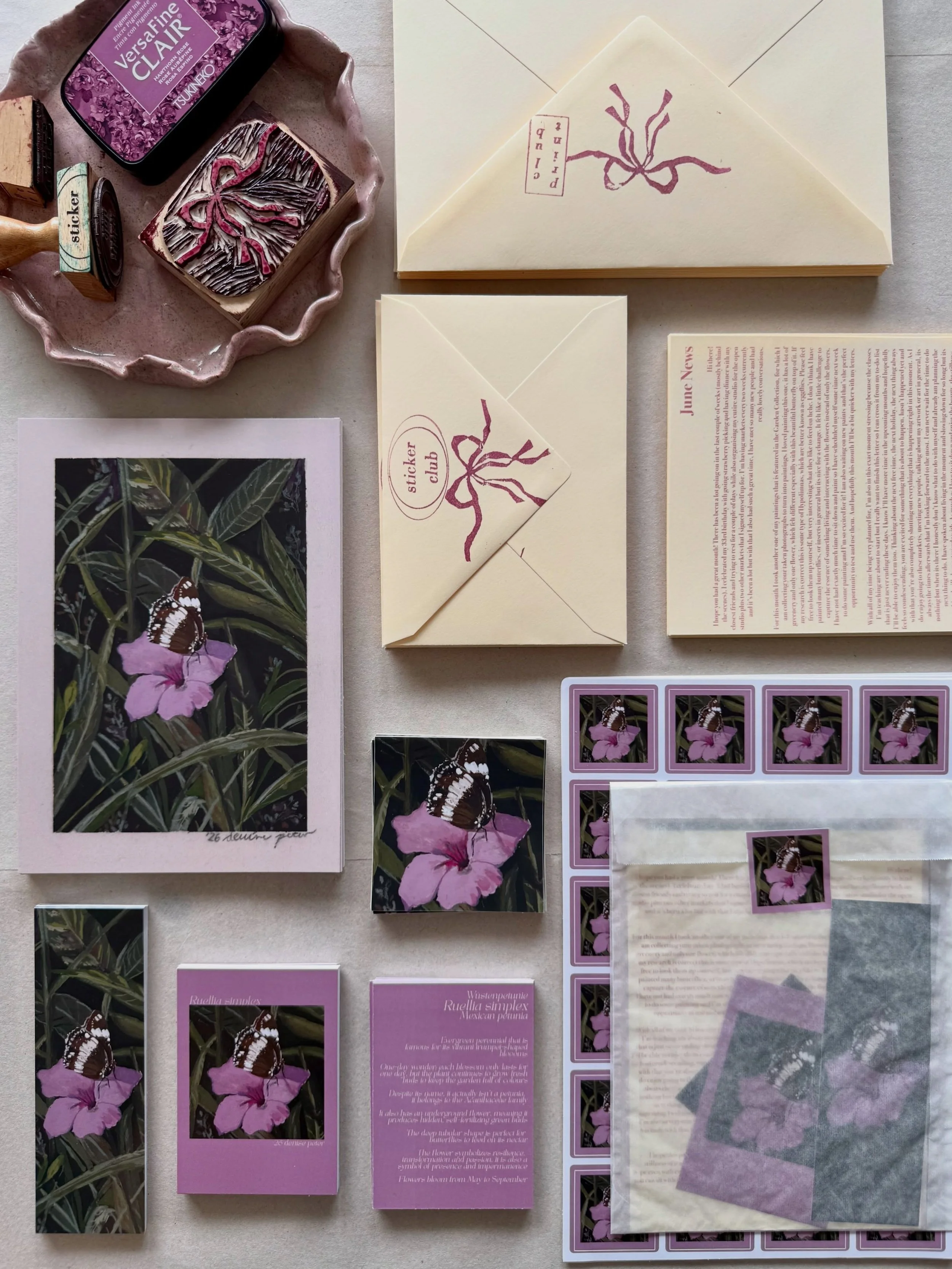 June print club letters ❦
This months featured flower is &bdquo;Ruellia simplex&ldquo;, you can get it anytime during the month of June and your letter will be with you at the beginning of July! 
Print club letters include a DIN A5 sized print, a boo