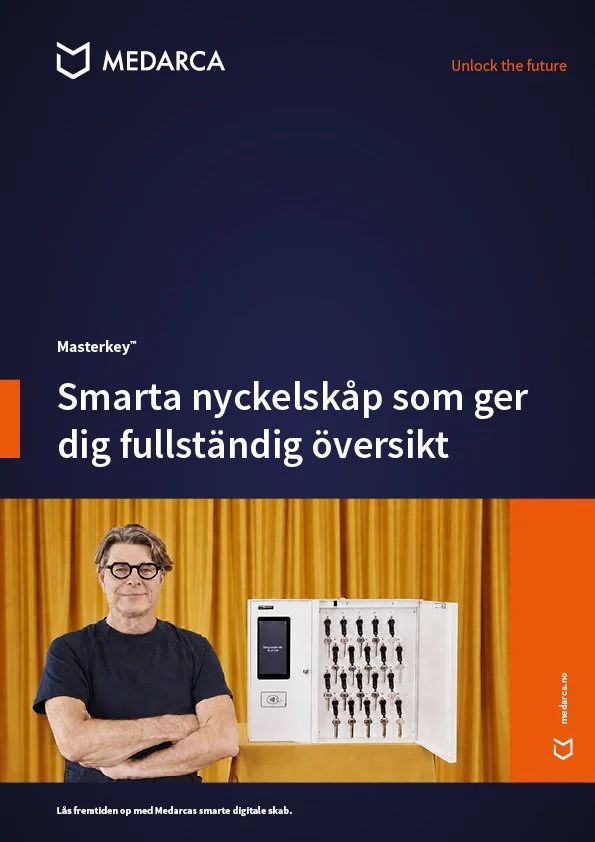 Broshuvud för Medarca Masterkey som visar en man med glasögon och svart tröja framför en nyckelskåp.
