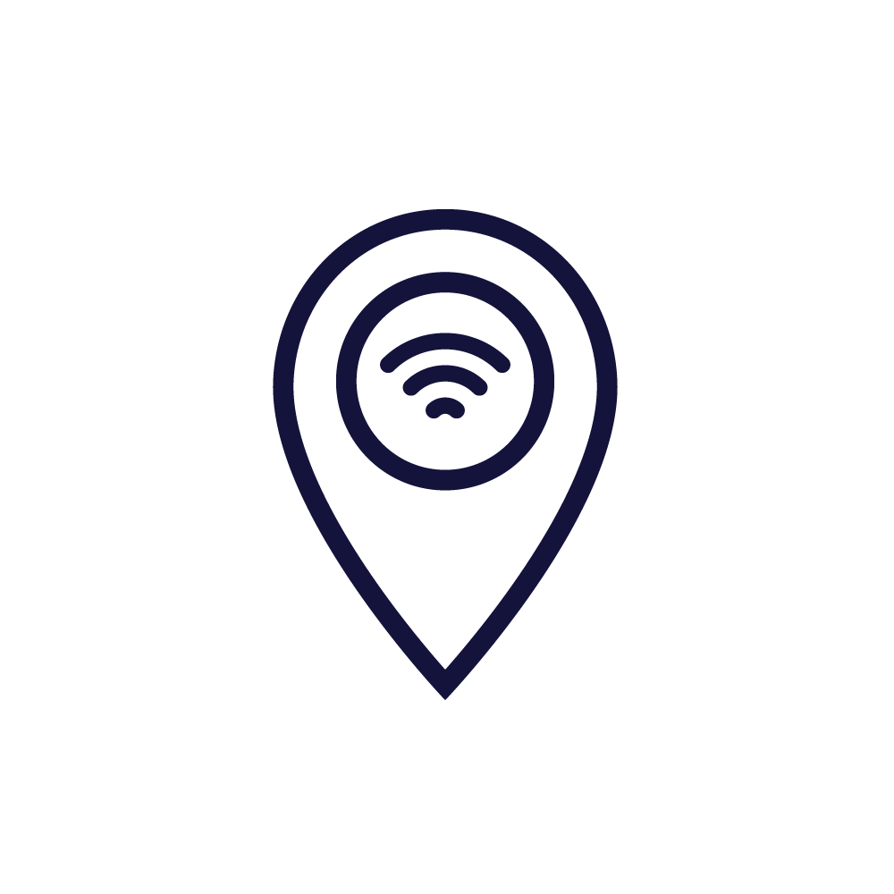 En svart ikon av en platsmärke med Wi-Fi-symbol i mitten.
