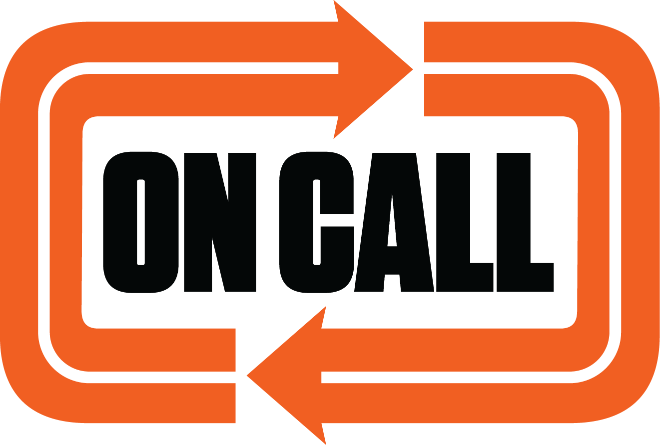 A graphic with an orange rectangular border and two orange arrows forming a rectangle around a black rectangle with the words "ON CALL" in black capital letters.