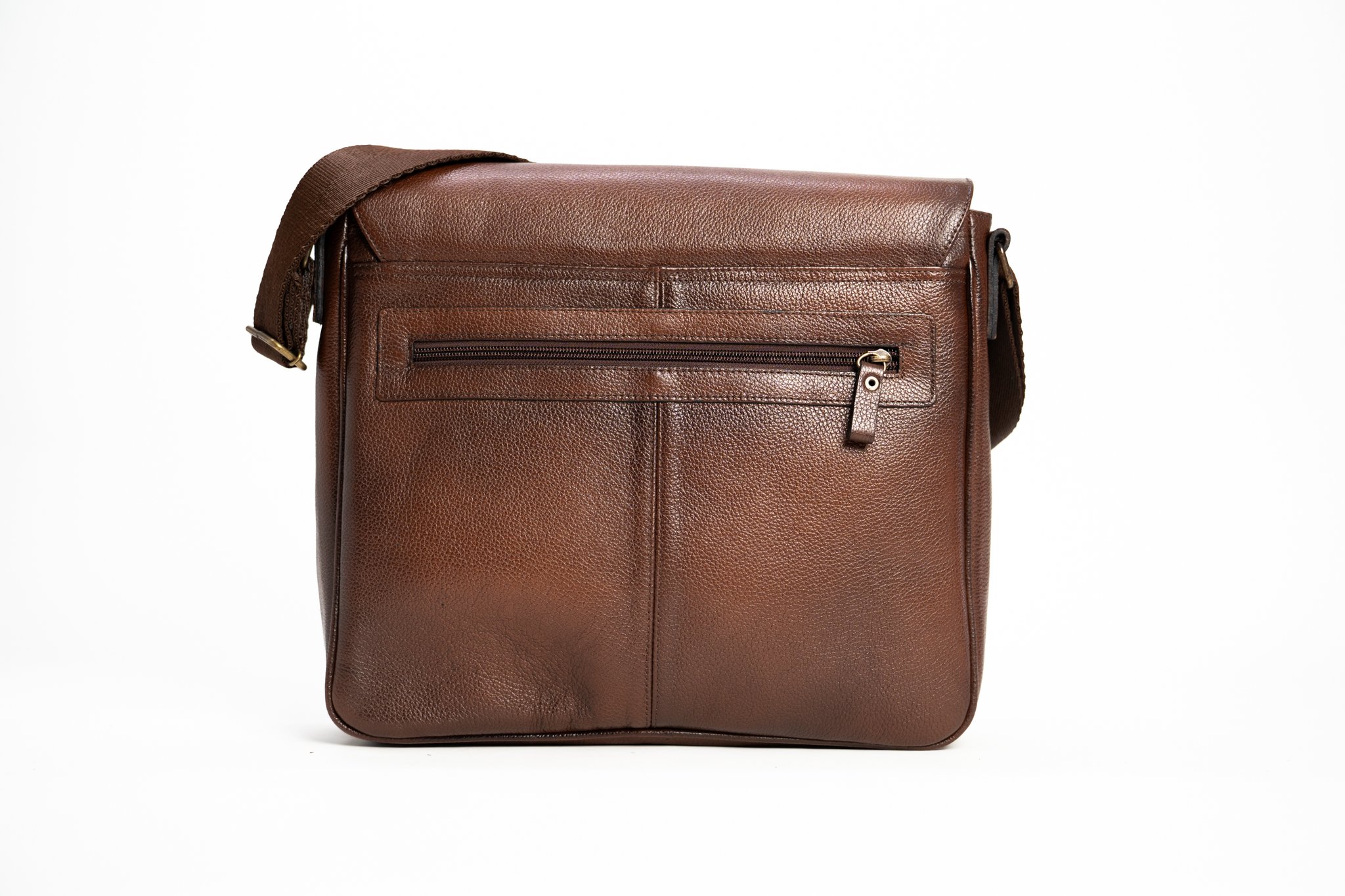 Brown leather messenger bag with a front zip pocket, set against a white background.