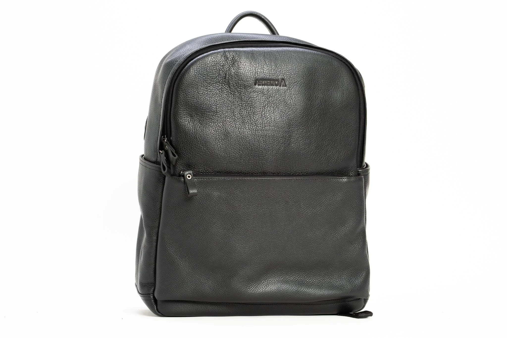 A black leather backpack with a front zippered pocket and a handle on top, isolated on a white background.