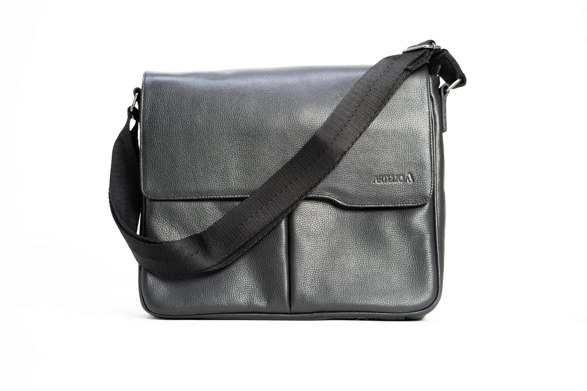 Black leather messenger bag with a textured surface and a front flap, with a wide black shoulder strap.