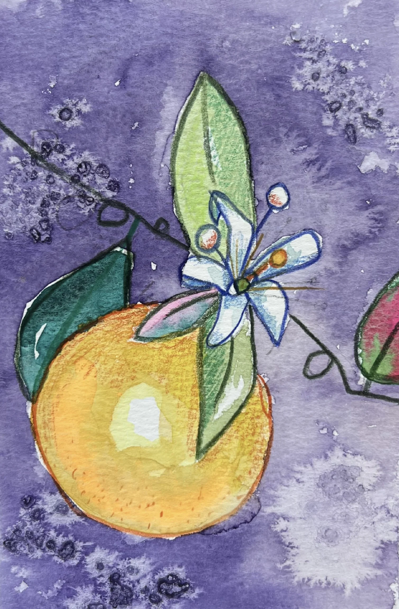 A colorful watercolor painting of a lemon with a small blue and white flower and green leaves on a purple background.