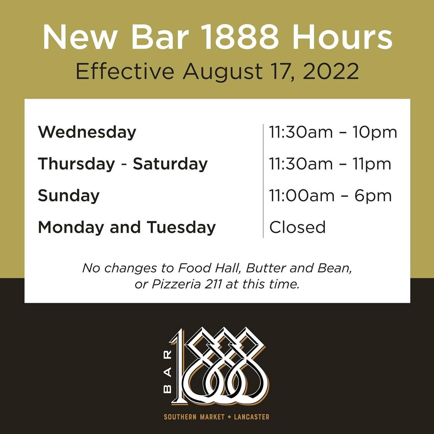 Check out our new hours⬆️
&bull;
&bull;
&bull;
#SouthernMarketLancaster #Bar1888 #FoodFriendsFun #Lancasterpa