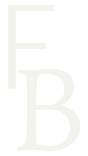 Large, gray letter 'F' above a large, gray letter 'B' on a black background.