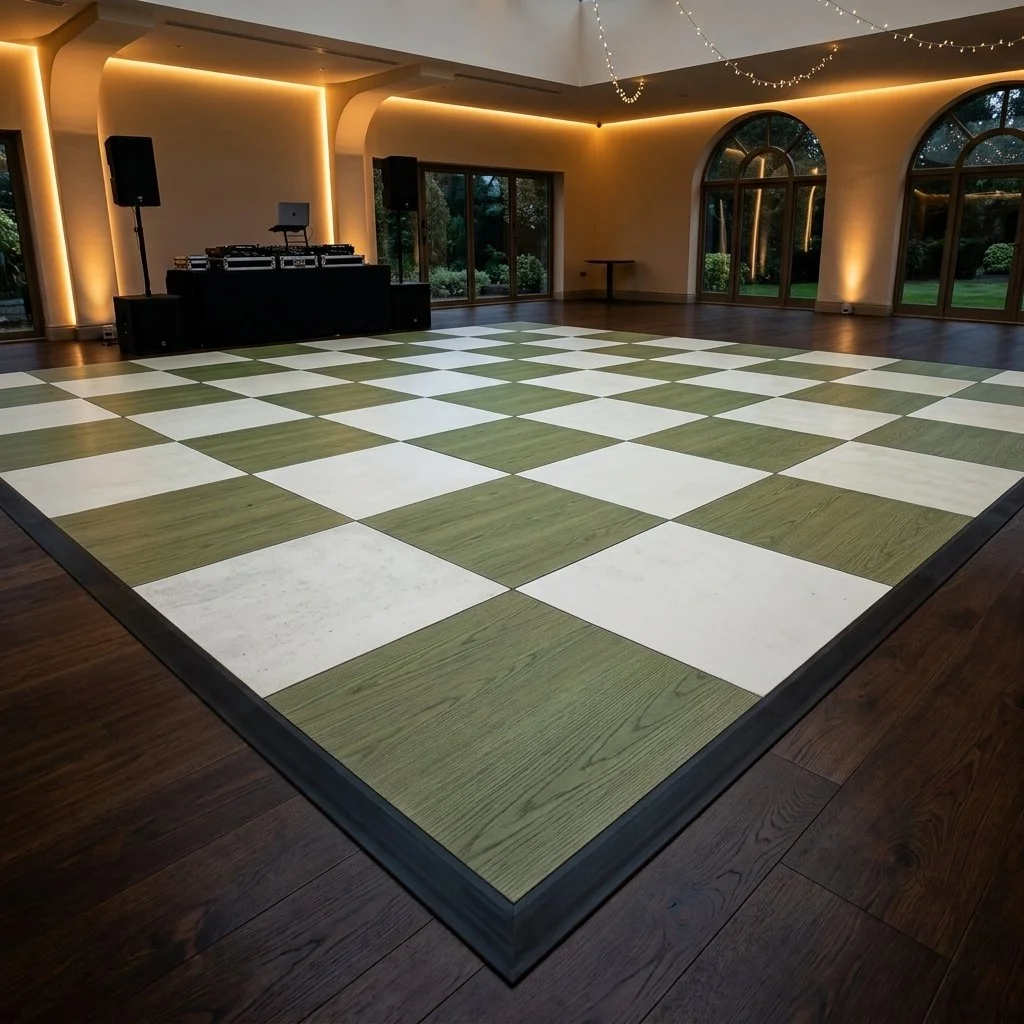 Wide shot of Green Oak and Slate White checkered dance floor in event space with mood lights, Atlanta