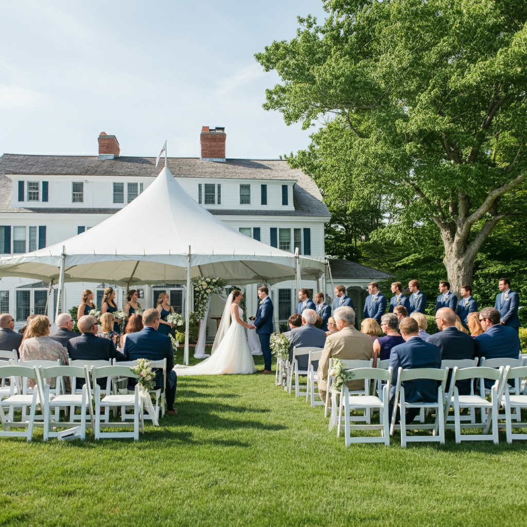 outdoor wedding on the lawn with white garden chairs in atlanta
