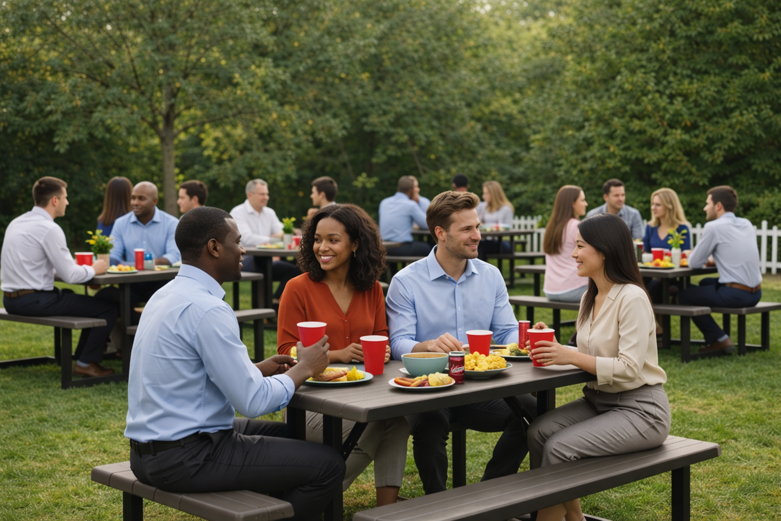 corporate picnic event using multiple 6 foot folding picnic table rentals in Atlanta