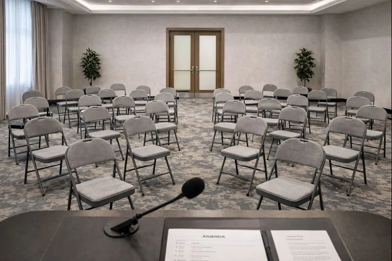 Corporate training room viewed from the front with gray padded folding chairs arranged at an angle toward the presentation area in an Atlanta meeting space.
