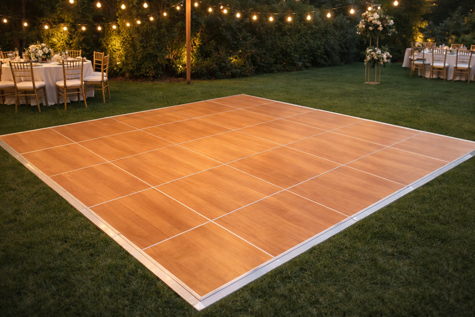 Golden Timber 20x20 wood dance floor with silver edging in a backyard wedding setting under warm string lights