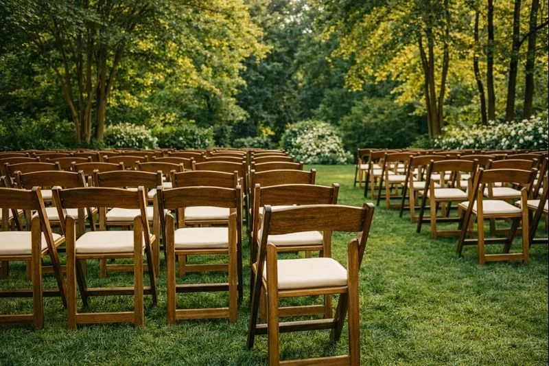 Chestnut padded garden chairs arranged for a ceremony with warm woodgrain finish and built-in seat cushions