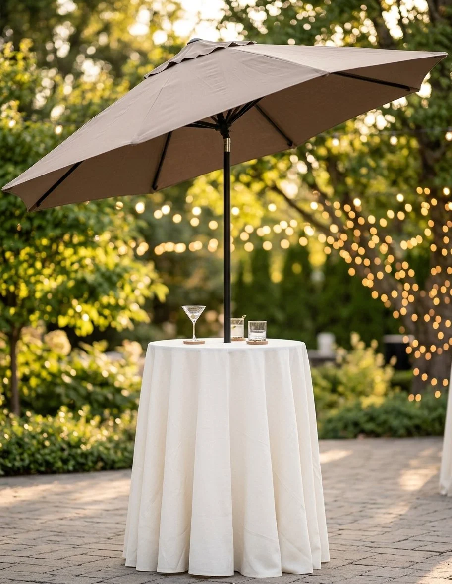 Market umbrella rental over highboy cocktail table at Atlanta event