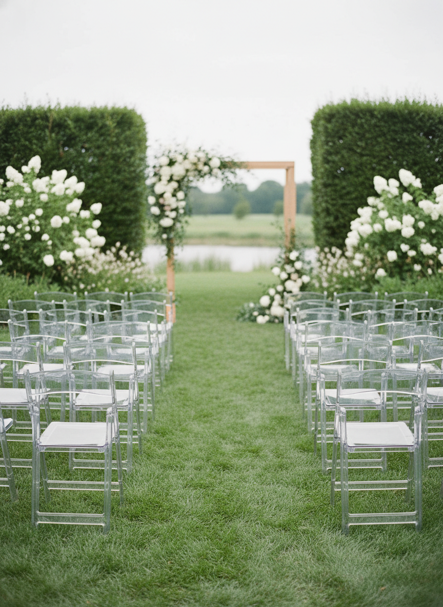 Clear ghost garden chairs arranged for an outdoor garden ceremony in Atlanta