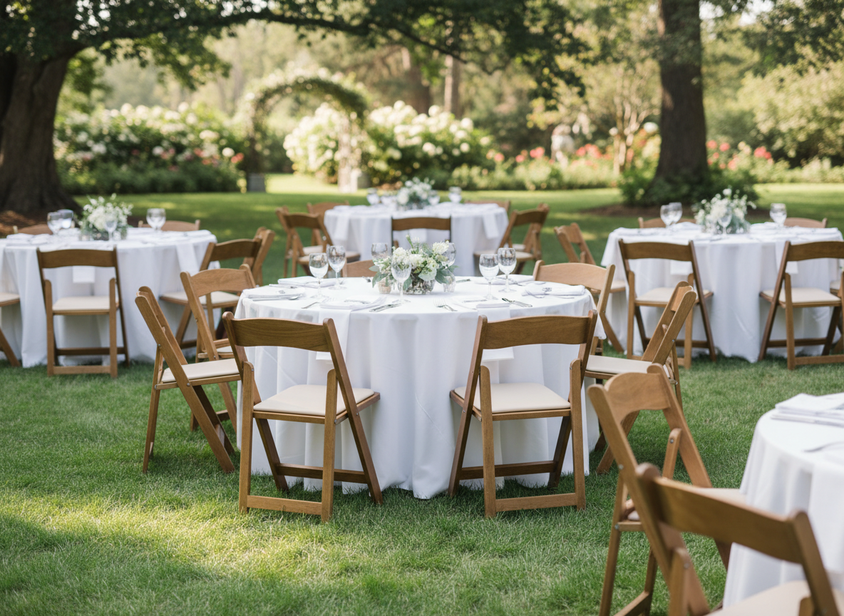 Chestnut padded garden chairs with warm woodgrain finish arranged around round tables for a reception