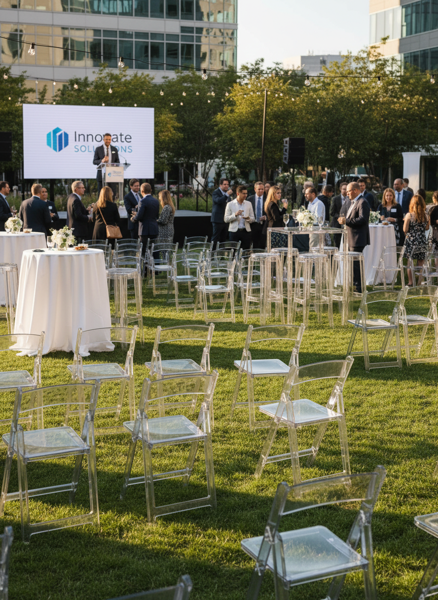 outdoor corporate gathering with ghost clear garden chairs, bar stools and cocktails tables.