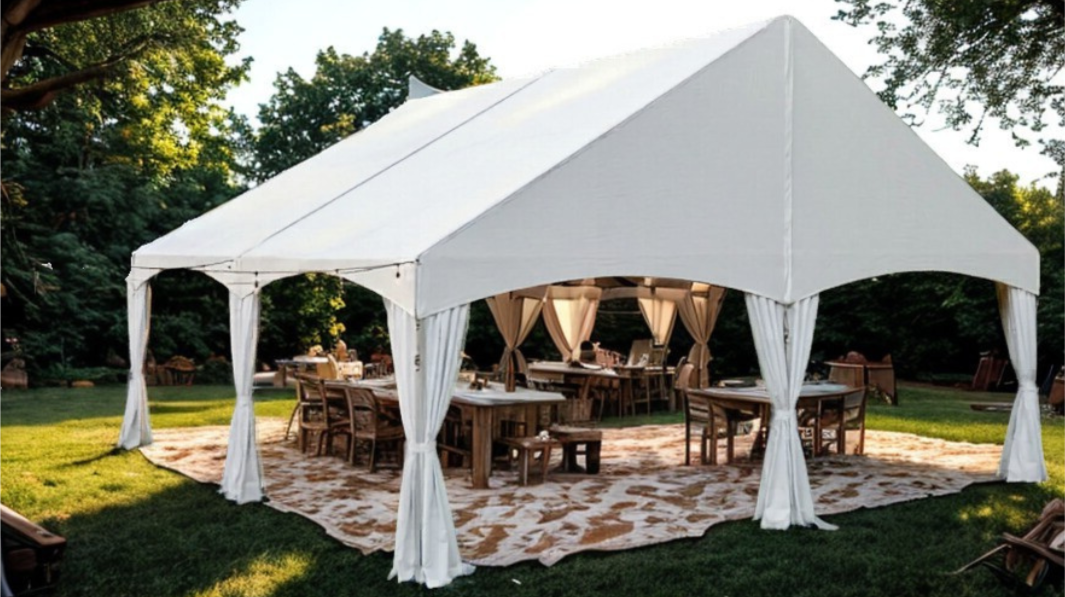 frame tent in a backyard for a rustic event