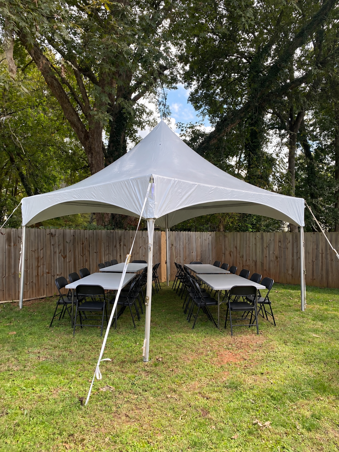 15x15 frame tent with tables and chairs
