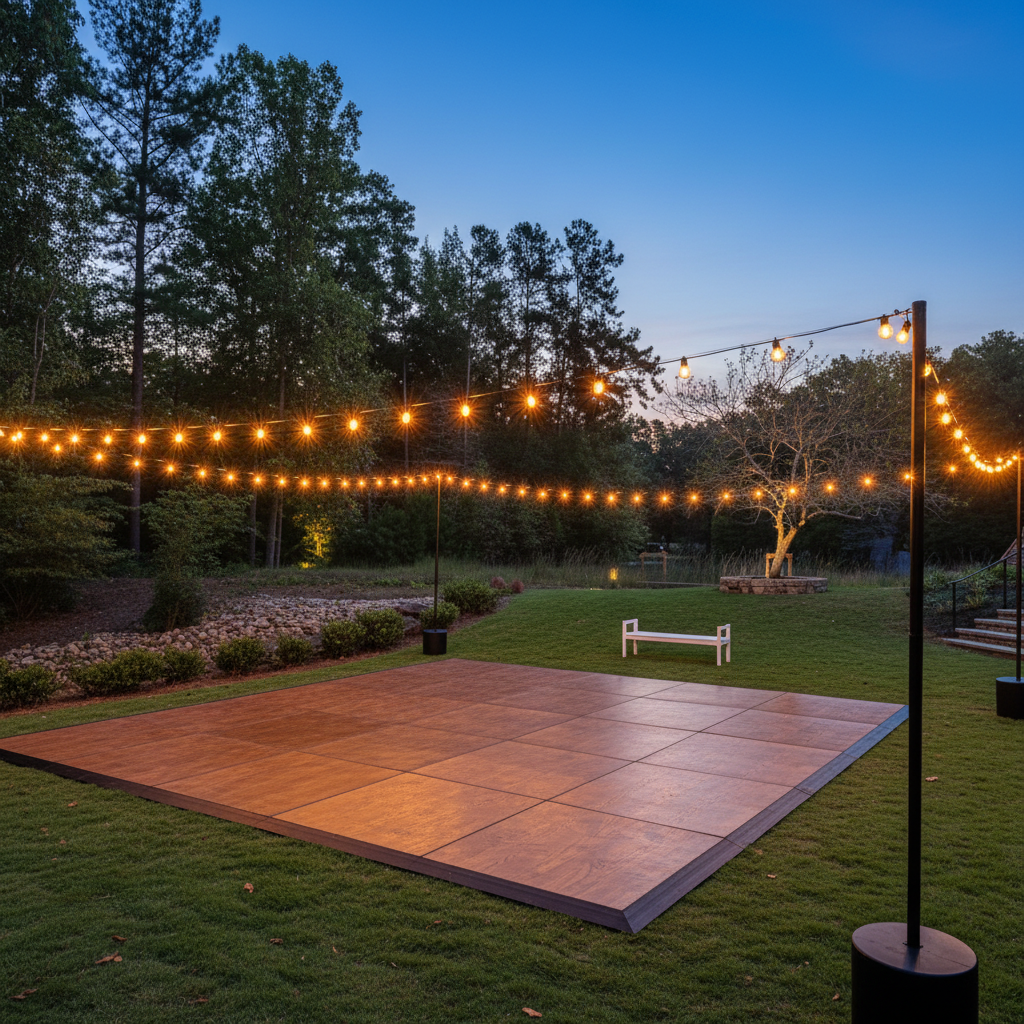 dance floor on grass with string lights open air