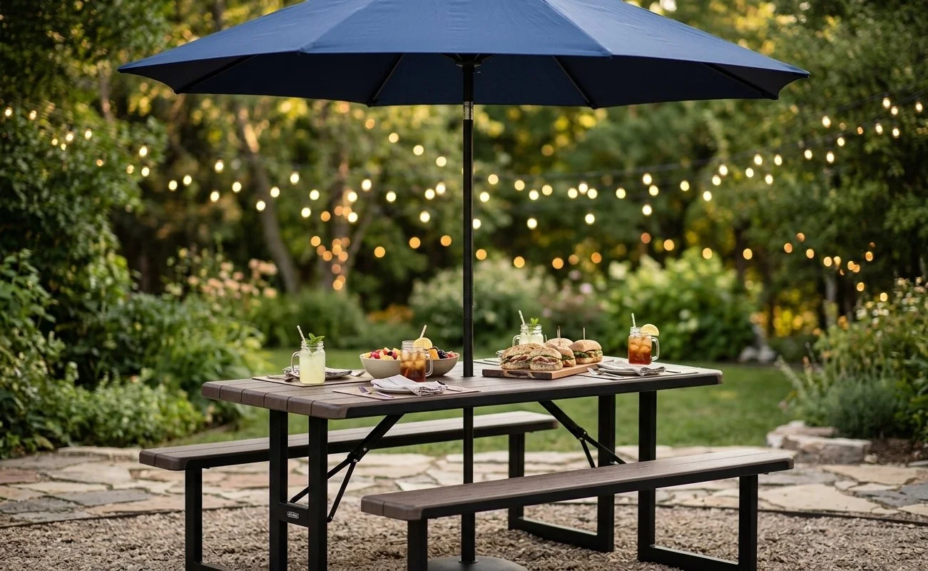Picnic table with umbrella rental for backyard event in Atlanta