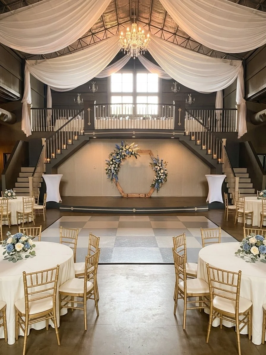 Medium shot looking across a clean, polished blue grey and white checkered dance floor toward a symmetrical stage setup with a light-wood hexagonal ceremony arch, flanked by grand staircases and high-top reception tables in an immaculate event space.