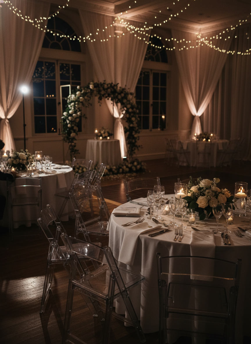 ghost garden chairs at an indoor micro wedding reception on round tables
