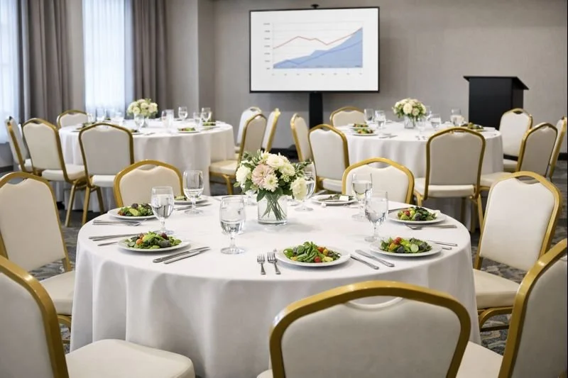Corporate luncheon setup with round tables, white linens, and white Summit chairs with gold frames in a professional meeting space in Atlanta.