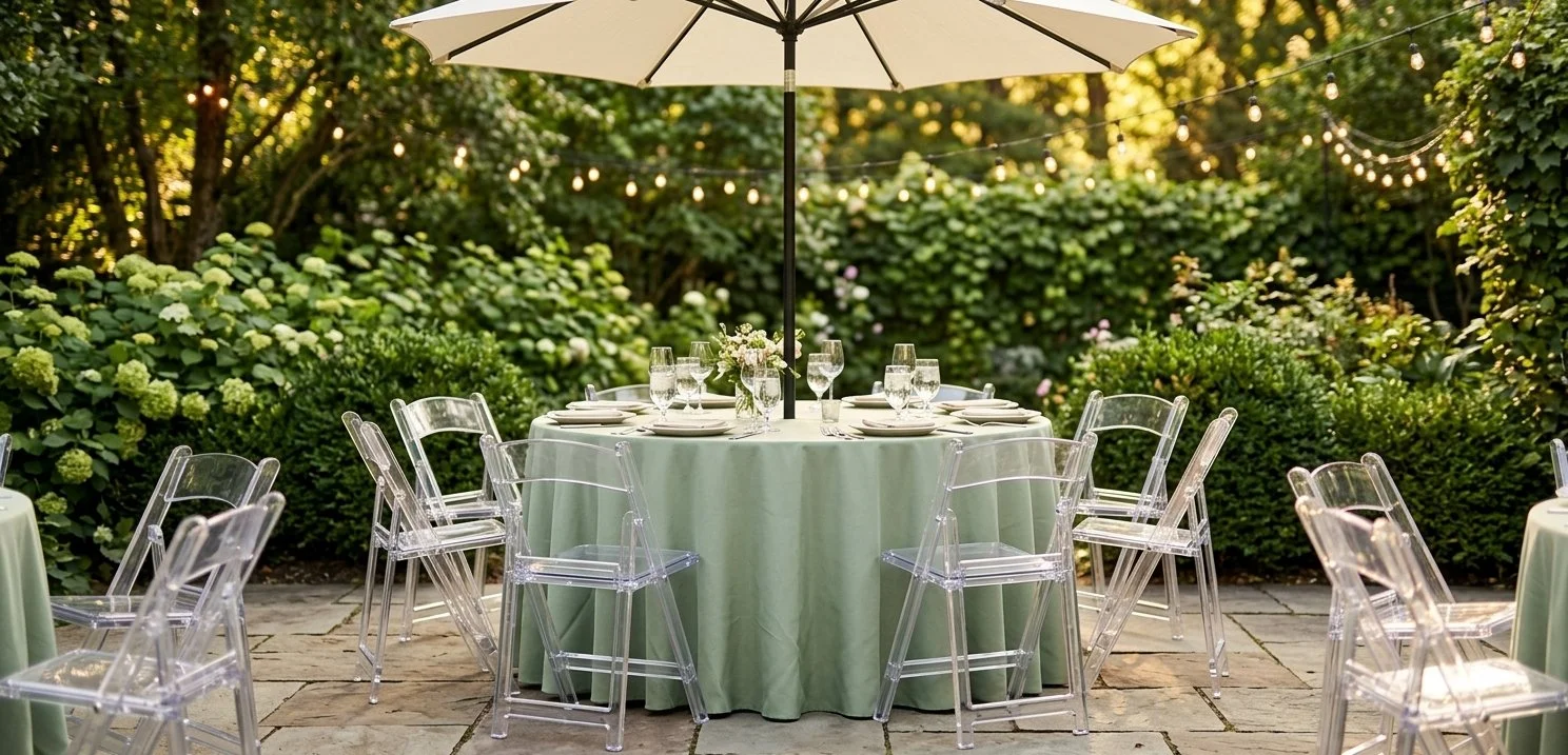 Round table with umbrella rental and sage linen for Atlanta outdoor event