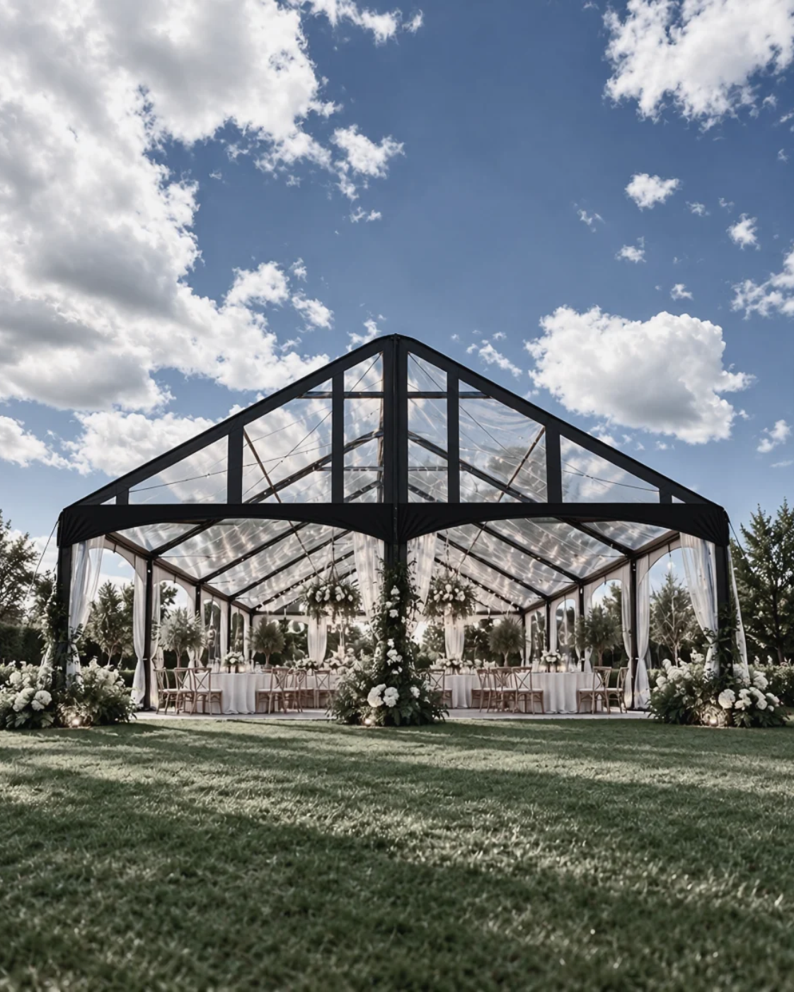 Elegant clear-top wedding tent with black vinyl accents, warm lighting, and floral arrangements on a grassy lawn in Atlanta.