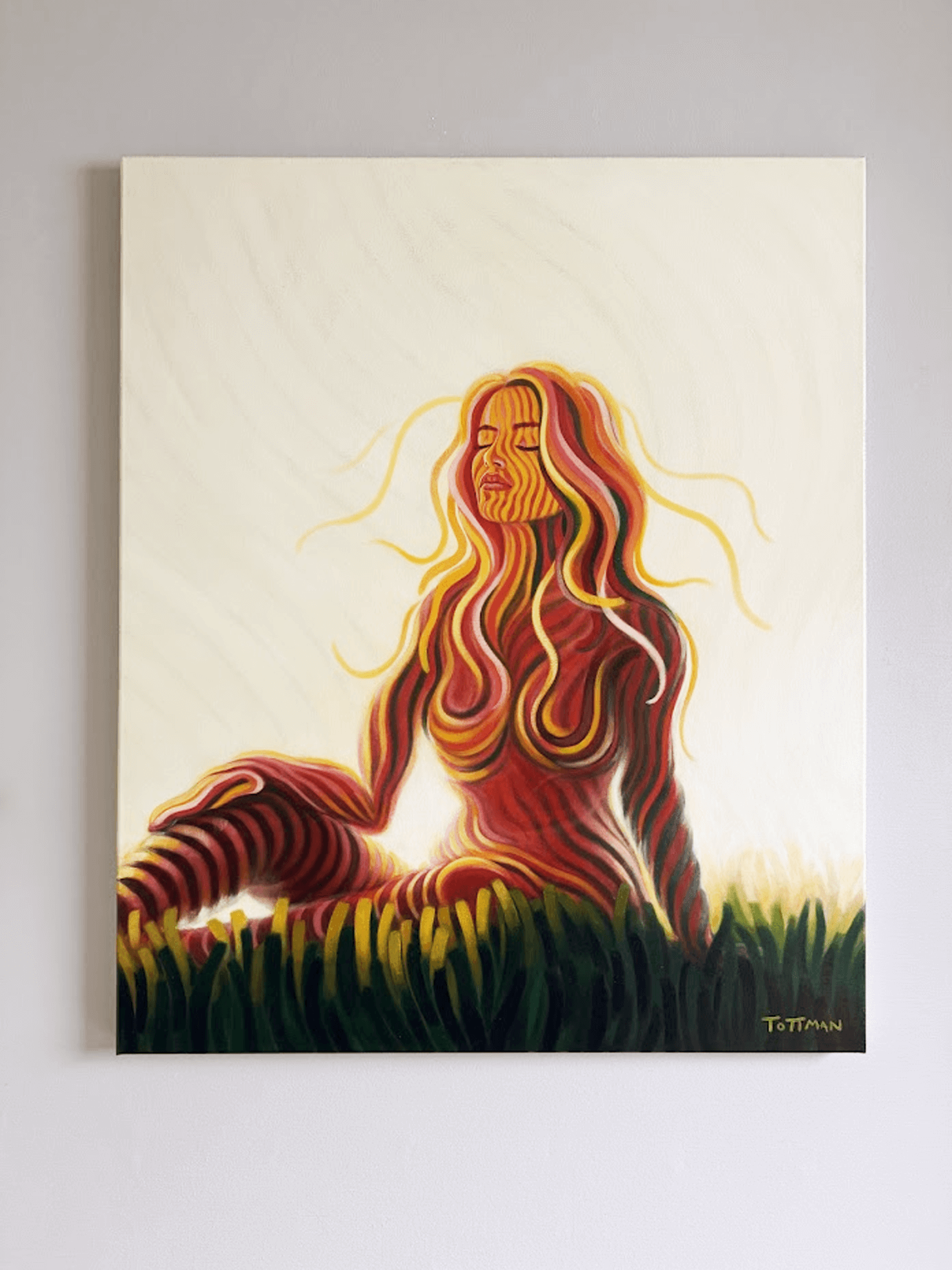 Abstract painting of a woman with flowing hair, sitting outside in grass, with her eyes closed and a peaceful expression.