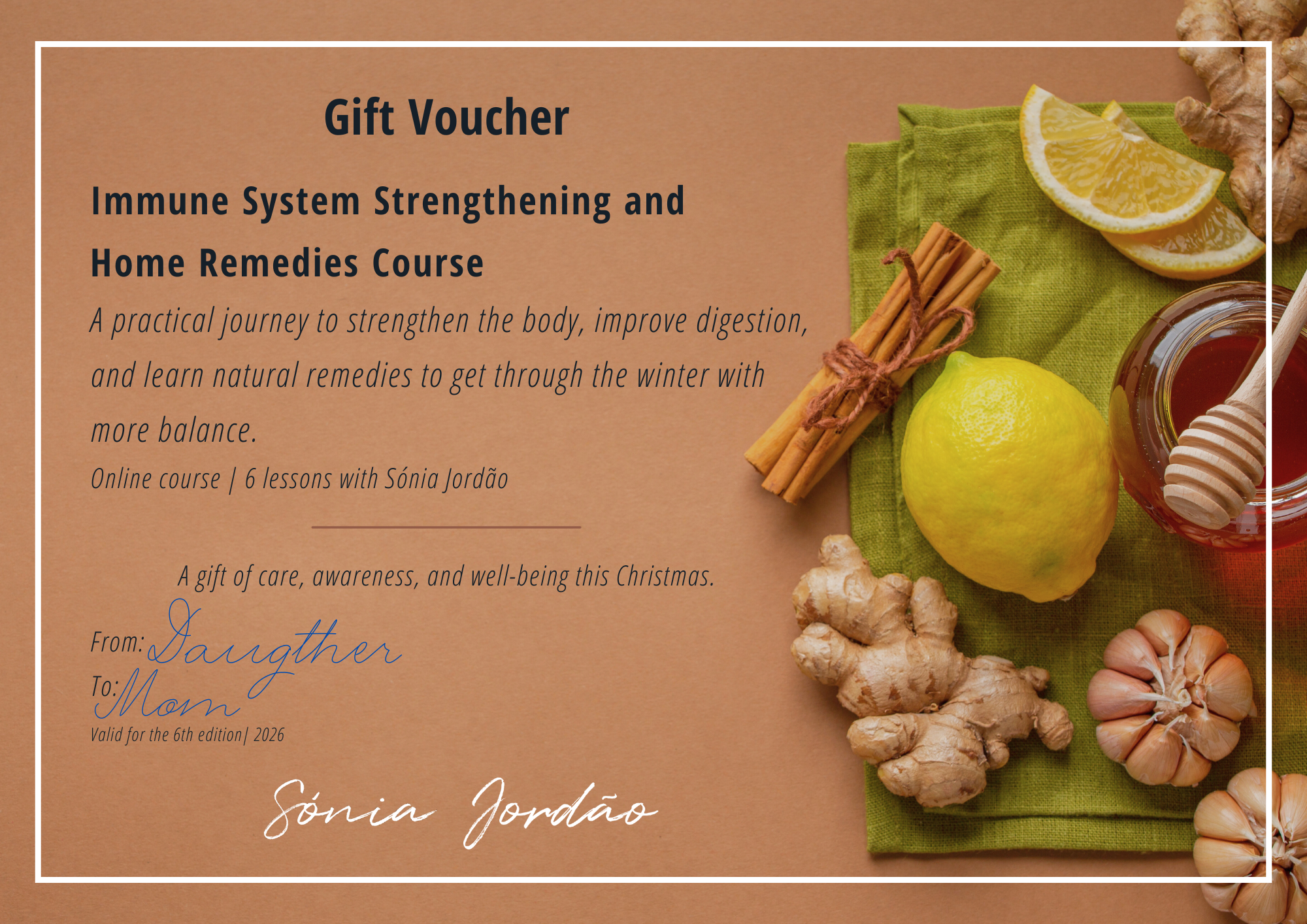 Vale-presente de curso online de fortalecimento do sistema imunológico e remédios caseiros, com ingredientes naturais como limão, gengibre, mel, canela e alho, ao lado de folhas verdes.