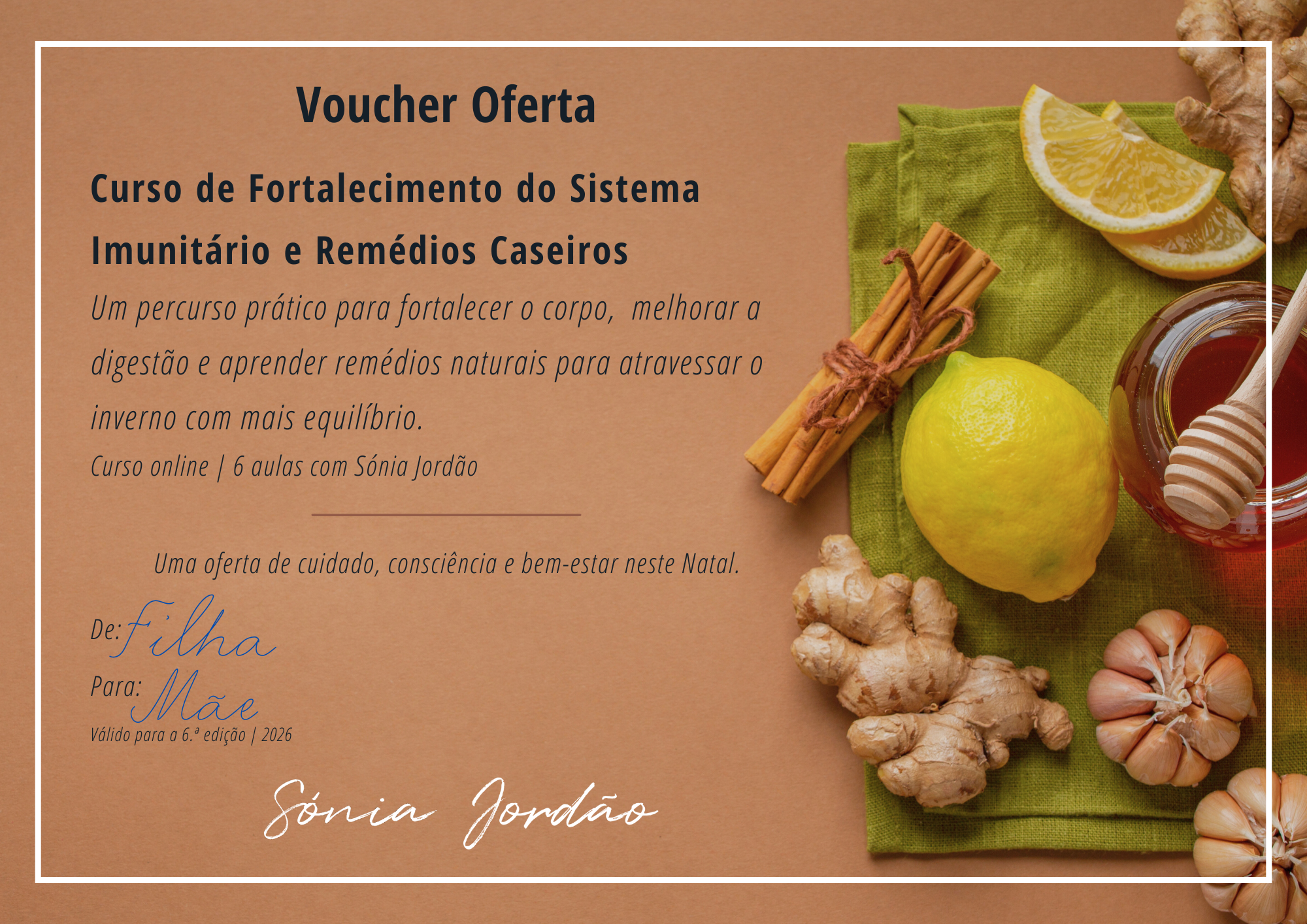 Certificado ou voucher digital para curso online de fortalecimento do sistema imunológico e remédios caseiros, com ingredientes naturais como limão, gengibre, mel, canela, alho e mel de abelha
