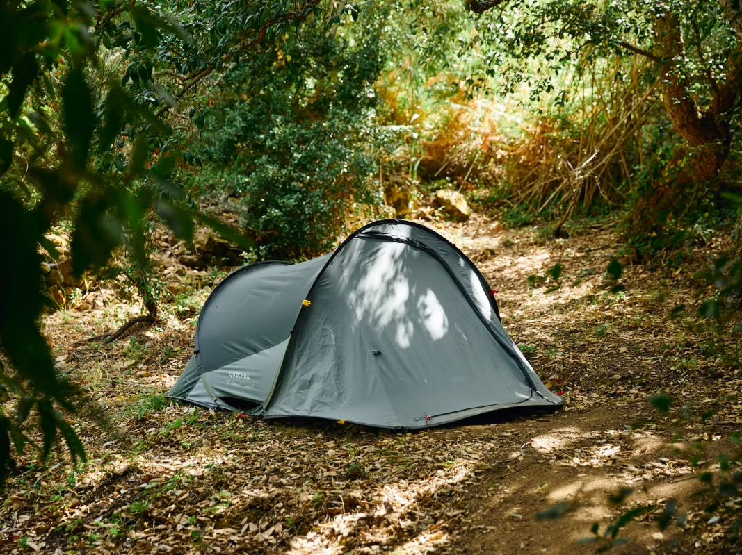 The camping tent nestled in the lush cork oak forest.

6 available / 430 € course fee including the camping tent, and accommodation in the tent with an insulating mat and a self-inflating camping mat. Please bring your own sleeping bag and pillow.
