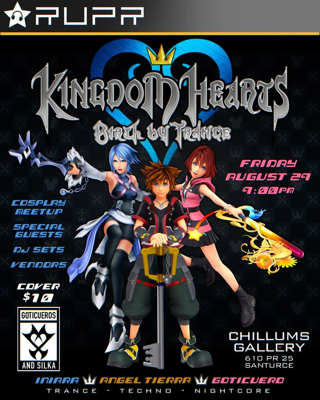 &iquest;Te gusta Kingdom Hearts, eres raver y te encanta disfrazarte? 🗝️ Te invitamos a Kingdom Hearts: Birth By Trance

🗓️ Viernes, agosto 29
⏰ 9:00pm - 2:00am
📍 @chillumsgallery, Santurce
🎫 Tickets $10 (en goticueros.com)

Acompa&ntilde;anos, j