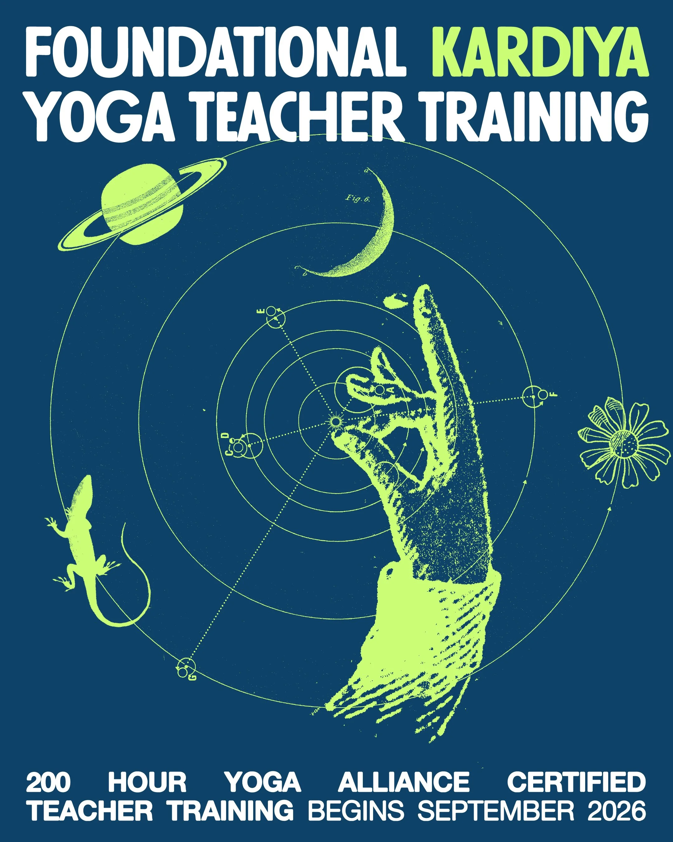Poster for a foundational yoga teacher training course, featuring a cosmic-themed design with a hand in a mudra gesture at the center, surrounded by celestial elements like a planet with rings, the moon, a star, a flower, and a lizard. The text indicates the training is certified by the 200 Hour Yoga Alliance and starts September 202.