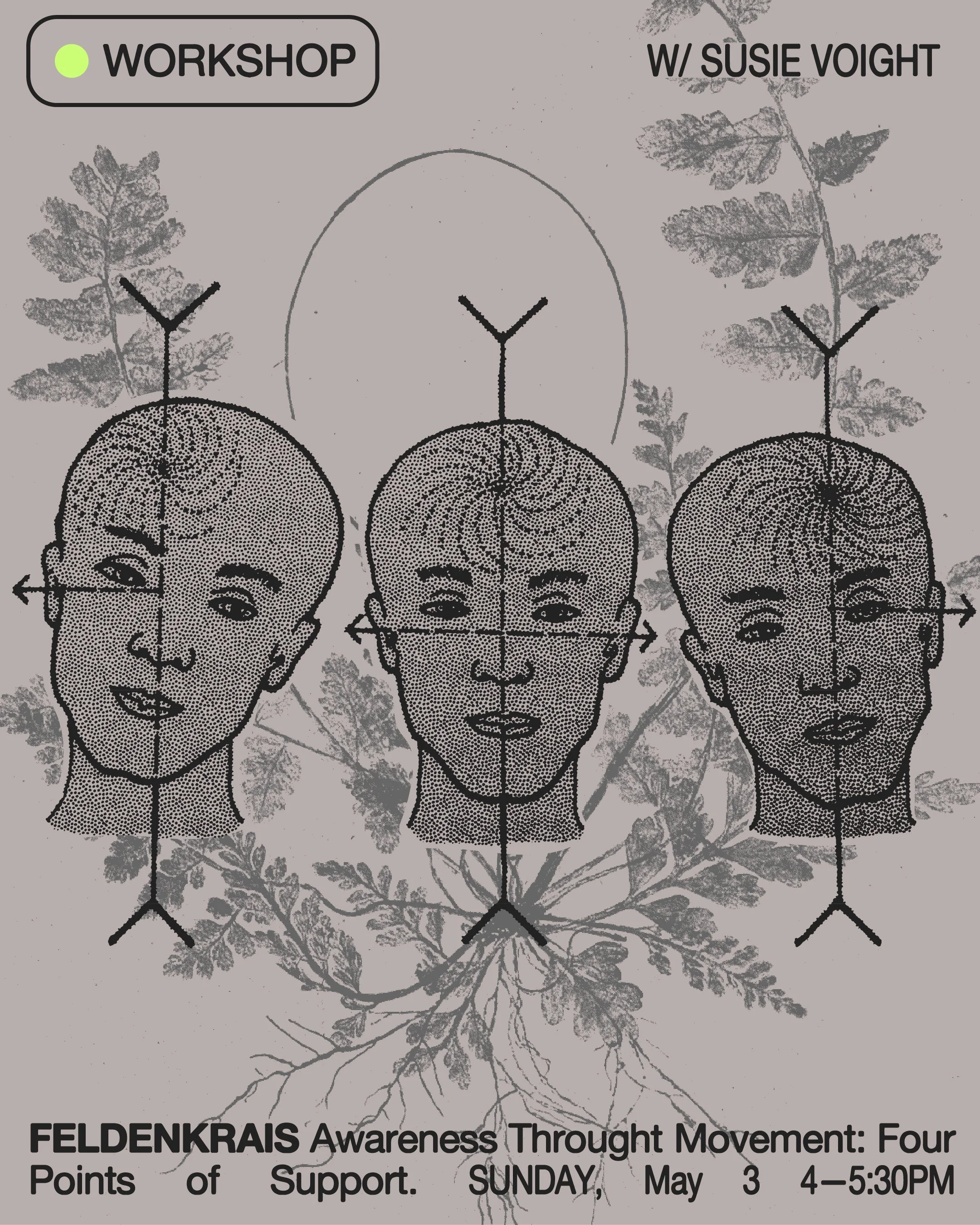 Three heads in front of foliage are intersected by an x and y axis. Text reads: "FELDENKRAIS Awareness through Movement: Four Points of Support. Sunday May 3 4-5:30pm."