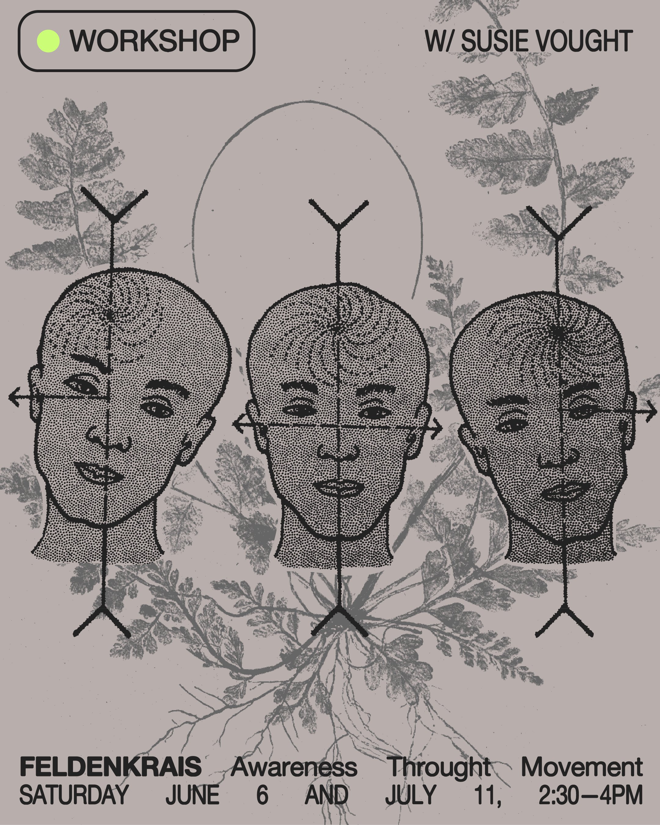 Three heads in front of foliage are intersected by an x and y axis. Text reads: "FELDENKRAIS Awareness through Movement: Four Points of Support. Sunday May 3 4-5:30pm."