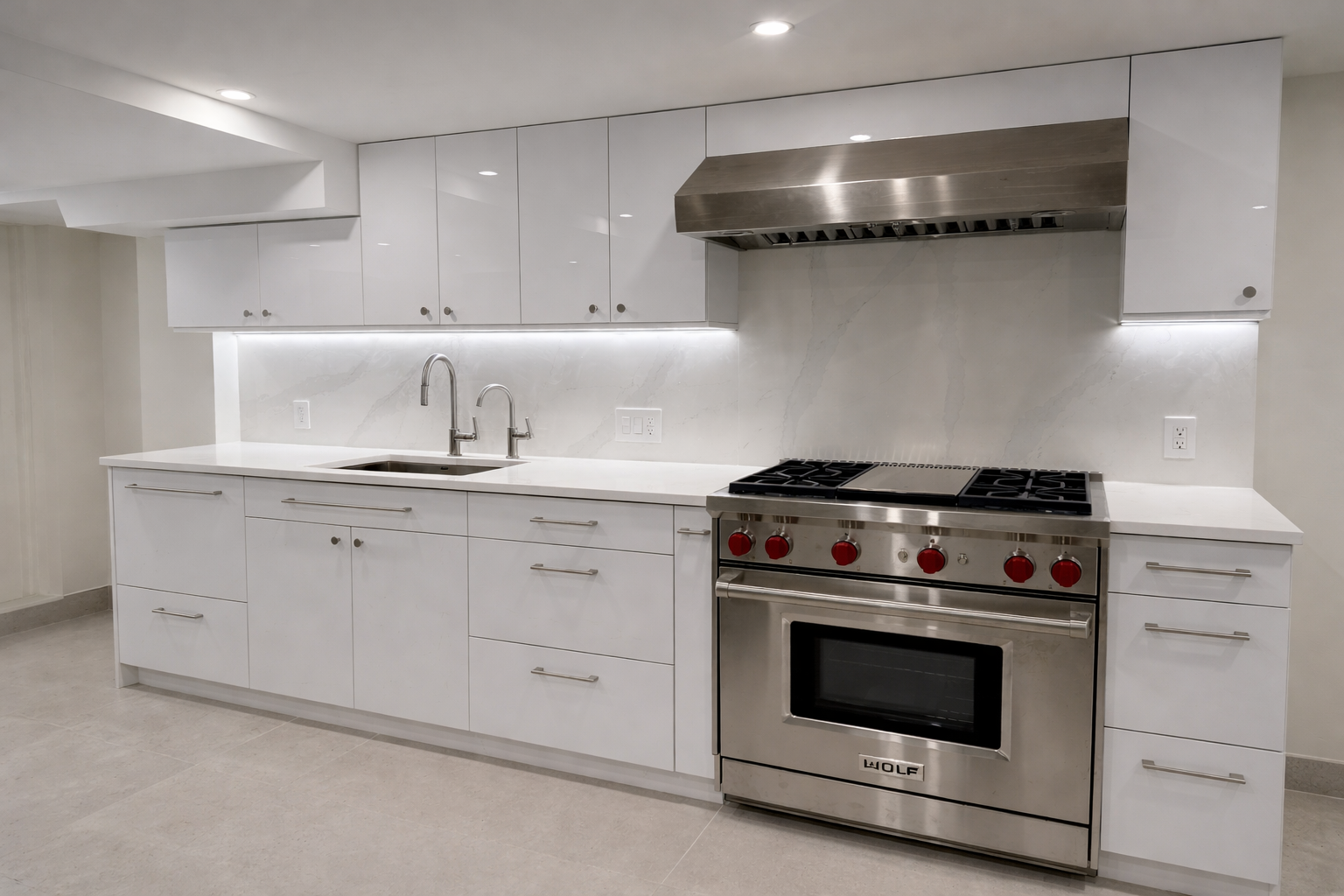 Glossy White Kitchen in Low Ceiling Basement