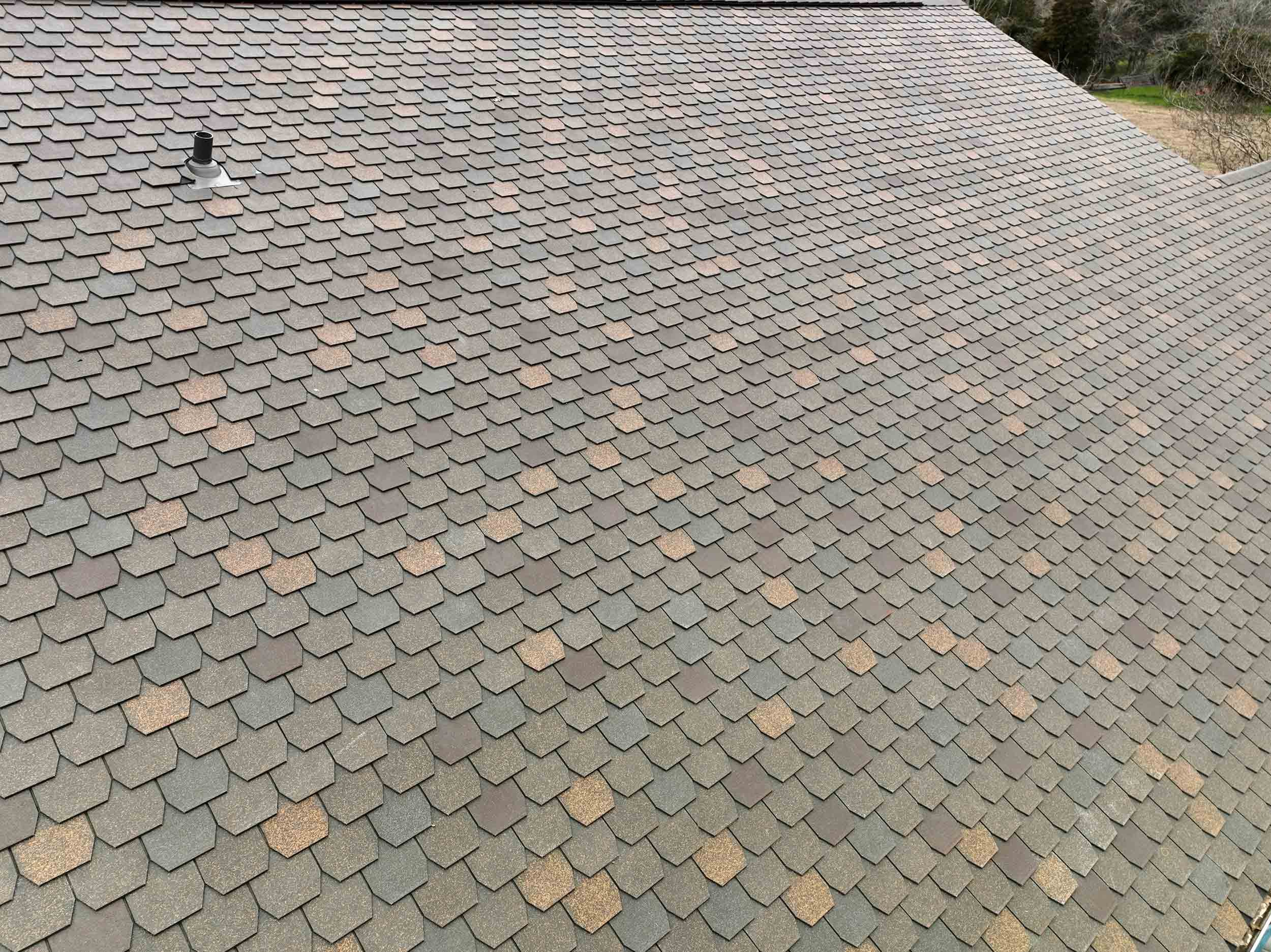 A rooftop with asphalt shingles in shades of gray, brown, and tan, with a small roof vent and some trees visible in the background.