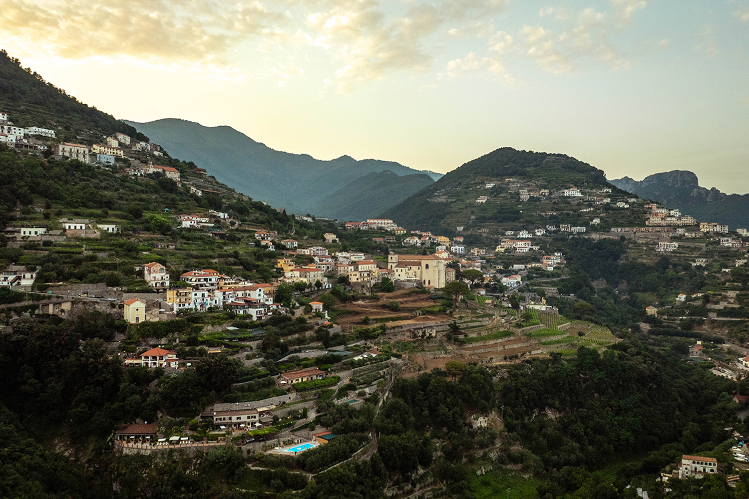A landscape of a hillside town just across from Ravello, Italy on the Amalfi Coast.