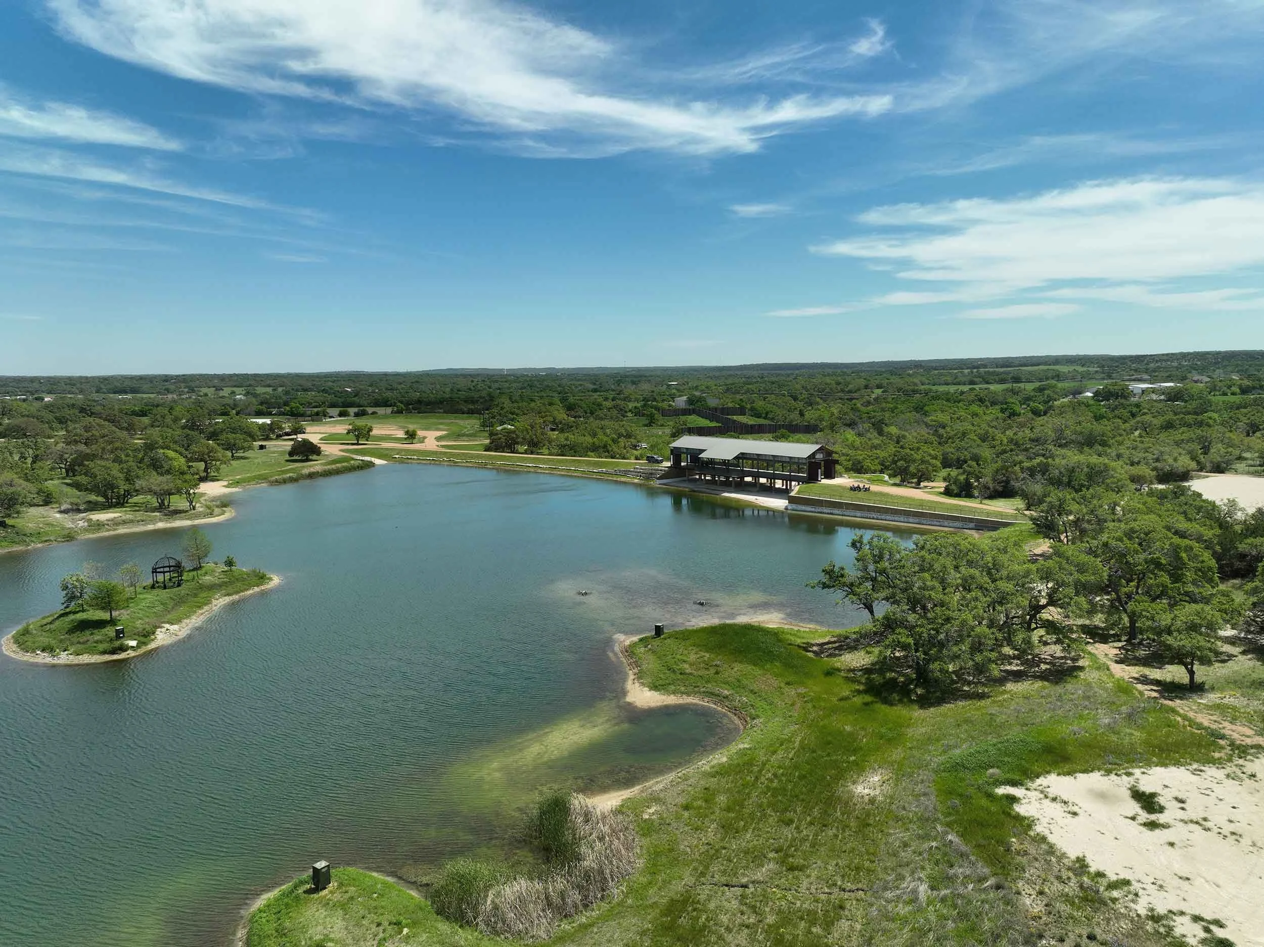 Aerial view of pond at Hog Heaven in Dripping Springs, Texas.
