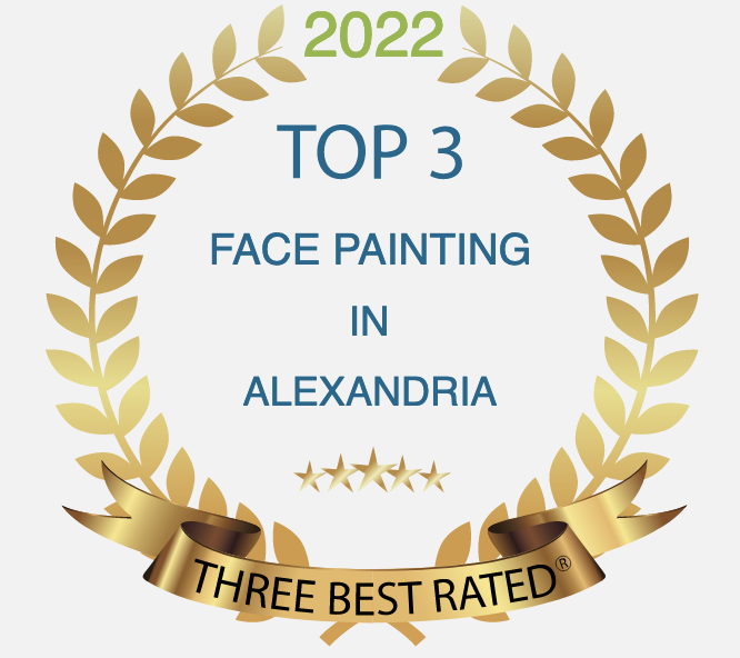 Certificate or award badge for Top 3 Face Painting in Alexandria, 2022, with gold laurel wreath and ribbon, five-star rating, and three stars.