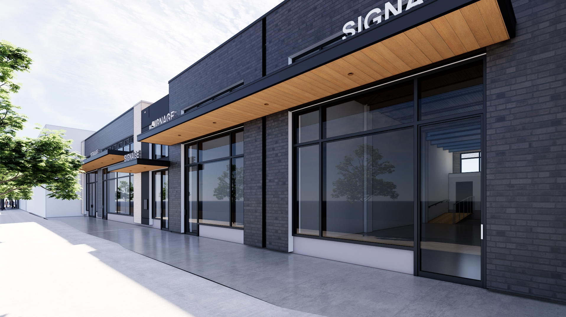 Rendering of a modern brick-and-glass retail storefront with wood soffits for tenant improvements