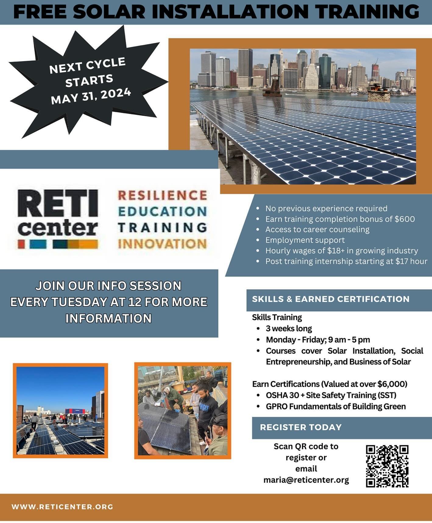 Are you interested in our FREE Solar Training? Registration is now open for our June cycle.
.
.
.
.
.
Trainees will receive:
OSHA-30 
OSHA-10 SST
GPRO Fundamentals of Building Green
Roof RETI Solar Installation training
Metro Cards 
Lunch 
Completion