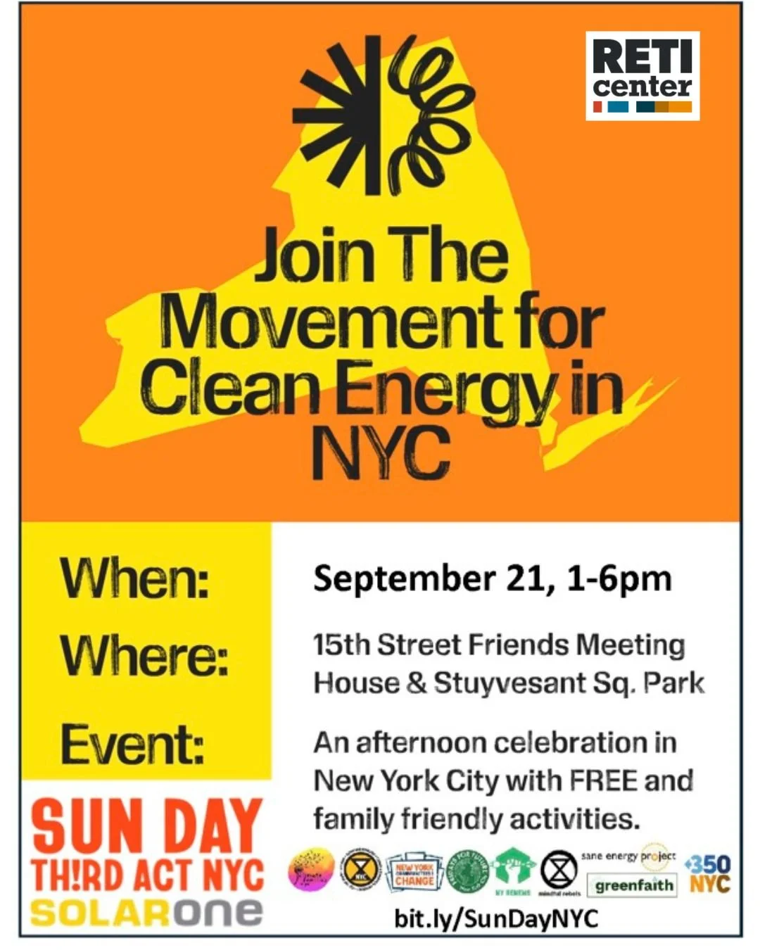 Join RETI Center today, Sunday, September 21 for ☀️Sun Day NYC☀️, as we and other advocates celebrate a national day of action for clean energy. This free, family-friendly event will bring together movement leaders, city officials, industry, labor, a