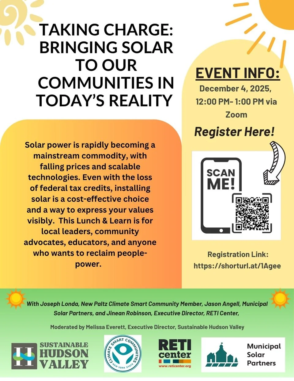 Join the RETI Center, Sustainable Hudson Valley, Climate Smart Communities, and Municipal Solar Partners for a powerful webinar on how communities can reclaim people-power through community solar. We&rsquo;ll break down the essentials of building a l