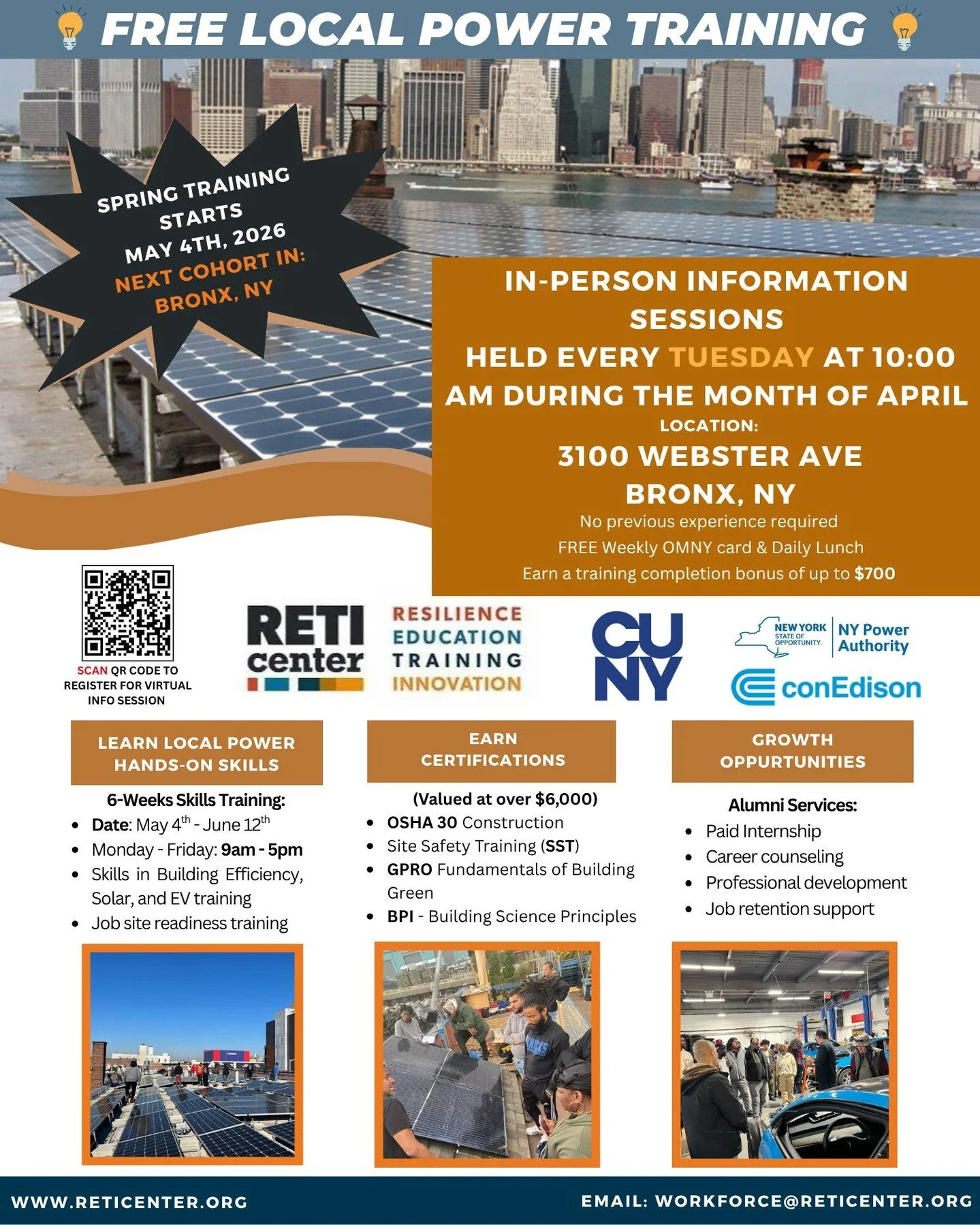 Hello Bronx!

Interested in joining our next cohort?

RETI Center is excited to bring our 6-week Green Jobs Training Program to the Bronx starting May 4th!

Gain hands-on training and industry-recognized certifications in:
Building Efficiency
Solar I
