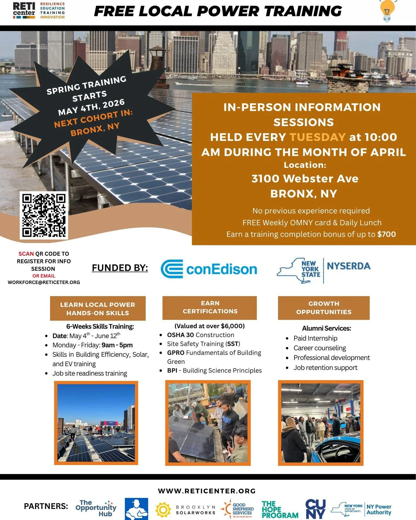 Hello Bronx!

Interested in joining our next cohort?

RETI Center is excited to bring our 6-week Green Jobs Training Program to the Bronx starting May 4th!

Gain hands-on training and industry-recognized certifications in:
Building Efficiency
Solar I