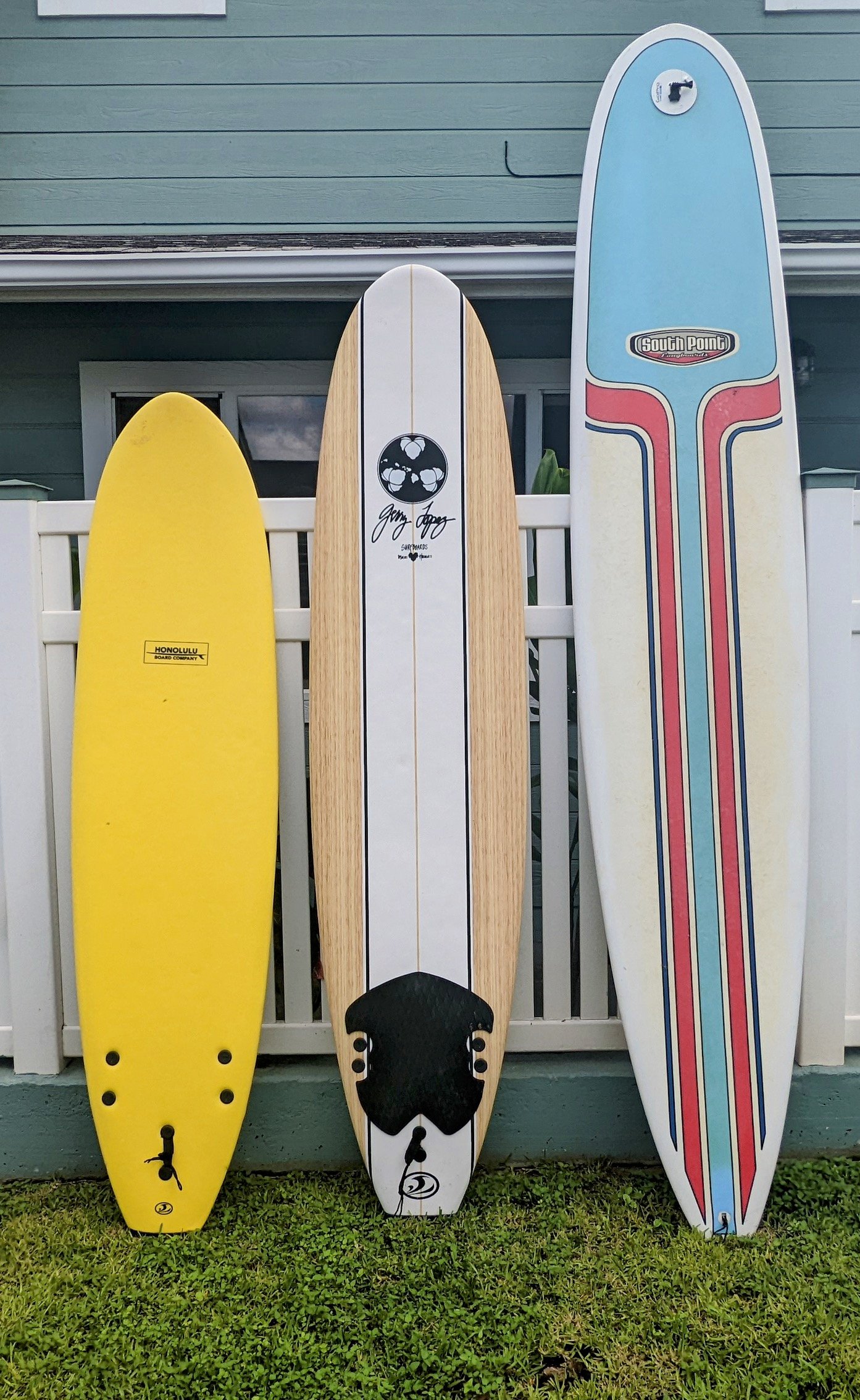  7’ soft top Honolulu Board Company $189, 8’ soft top Gerry Lopez $109, 10’ 2” South Point Epoxy Longboard $200 (used) 