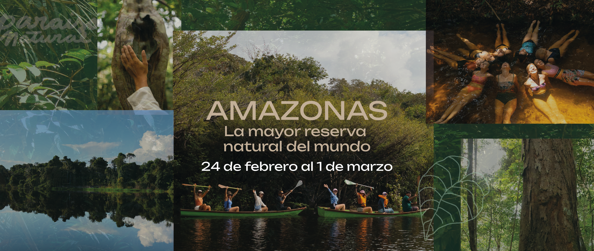 Persona en un bote en el río en un atardecer en la selva amazónica, con un cartel que dice "Amazonas, la mayor reserva biológica del mundo, del 3 al 8 de febrero."